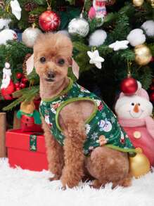 PETSIN 1 件绿色雪人图案透气轻便狗/猫背心，全新圣诞设计