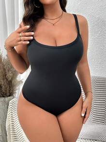 Calvaya Plus Size Spaghetti Strap Backless Solid Color Simplistic Casual Comfortable Bodysuit - Black - View 6