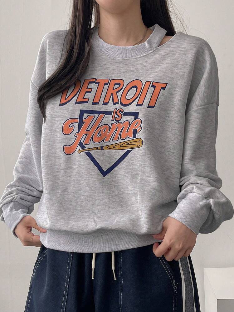 Women Off Shoulder Loose Letter Print Sweatshirt