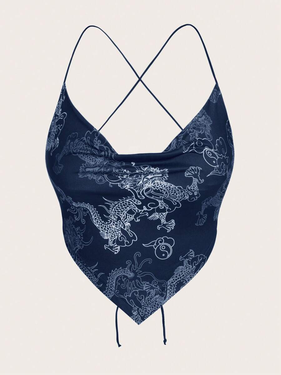 SHEIN ICON Chinese Dragon Graphic Criss Cross Backless Bandana Hem Cami Top - Blue - View 1