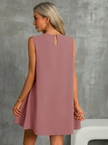 SHEIN Essnce 波西米亚风连衣裙淡蓝色连衣裙亚麻女式条纹圆领无袖休闲迷你连衣裙 - 藕粉色 - 查看 2