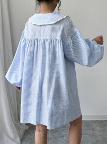 Chiquease Váy búp bê tay đèn lồng thắt nơ cổ Peter Pan kẻ caro mùa thu cho nữ - Màu xanh lam - Xem 2