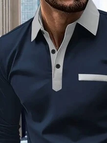 Manfinity Dauomo Camisa polo de manga larga de uso diario minimalista con colores contrastantes para hombres