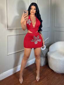 SHEIN SXY 亮片刺绣立领短款上衣和紧身裙针织套装音乐会服装女装 - 紅色 - 查看 4