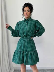 Chiquease Button Front Long Sleeve Collared Collegiate Pattern A-Line Waist Shirtdress - Green - View 5