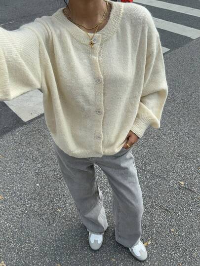 Siren Gaze Damen Strickjacke mit langen Ärmeln, offener Passform und flauschiger Textur in Unifarbe