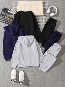 SHEIN 6 件套青少年男孩休闲舒适连帽衫和运动裤套装，羊毛，加厚 - 黑色 - 查看 2