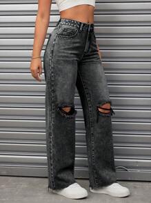 SHEIN ICON Mid-Waist Distressed Washed Straight-Leg Jeans