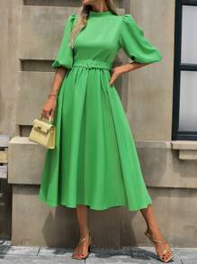 Chiquease 女士新款时尚优雅泡泡袖收腰修身欧式连衣裙长款女装 - 綠色 - 查看 6