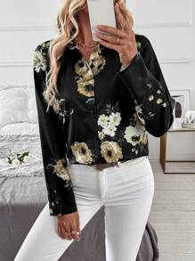 SHEIN Clasi 1 件女式全印花长袖黄色花朵图案黑色背景衬衫 - 彩色 - 查看 3