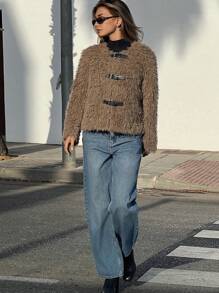 SHEIN Essnce Women's Solid Color Front Button Fluffy Long Sleeve Jacket, Autumn & Winter - Mocha Brown - View 3