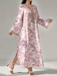 Al Najma Vestido largo con estampado floral, parche de ganchillo, manga larga, elegante y modesto en forma de línea A, vestido tipo kaftan y jalabiya, para fiesta de noche/invitado de boda/aniversario/uso diario