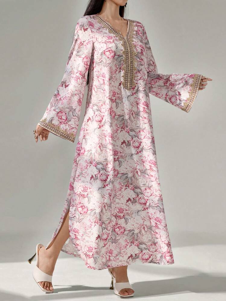 A&M رمضان فستان طويل الأكمام بطبعة زهور، رقعة إبرة...
