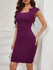 SHEIN Clasi Vestido ajustado con volantes de unicolor para mujer - Rojo violeta - Ver 4