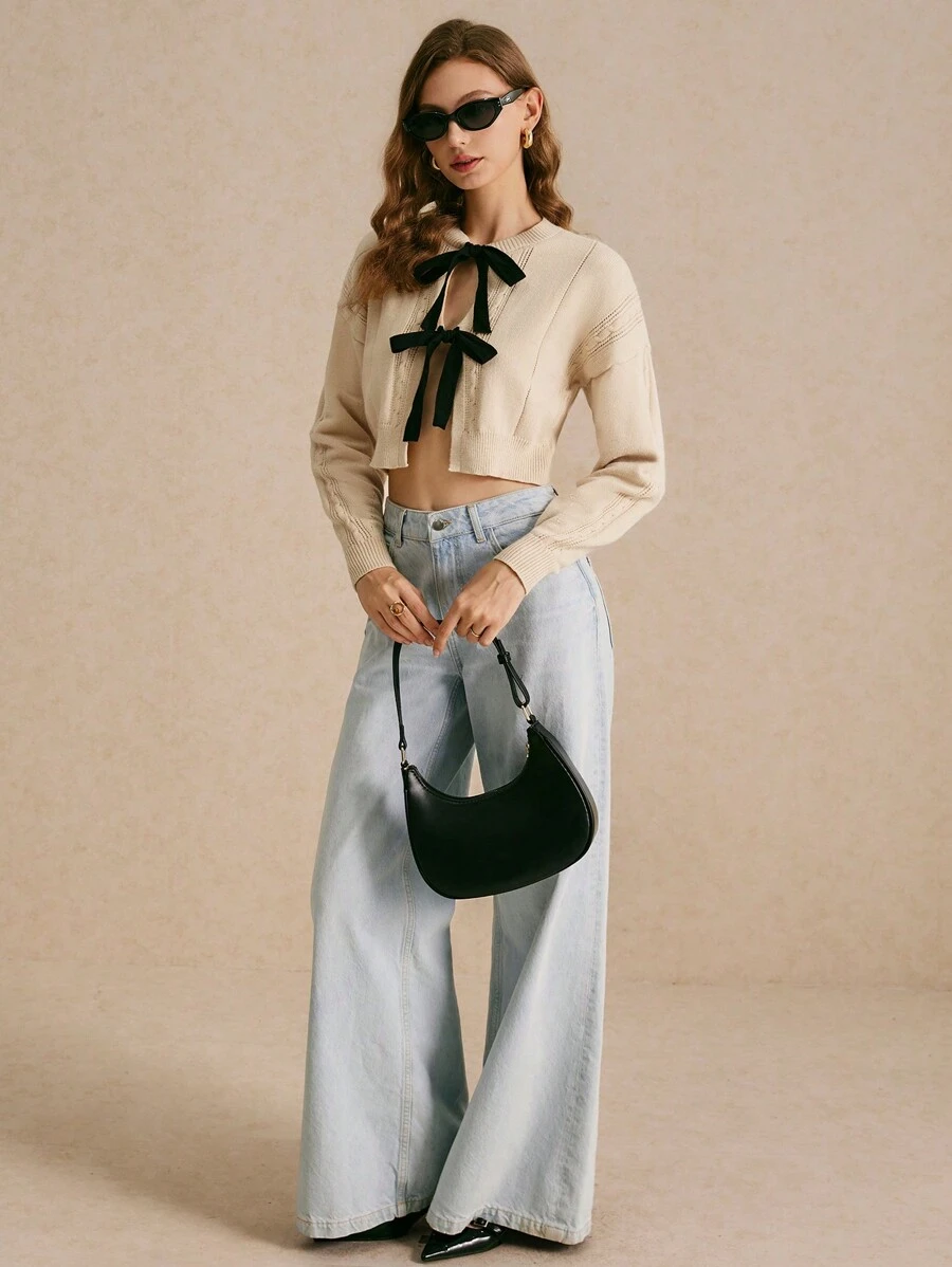 Poéselle Short Tie Cardigan, Tie-Front Knitted Cardigan, Autumn Sweater, Beige Sweater, Christmas Sweater 24 FW - Black - View 1