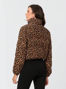 Easelle Snap-Button Leopard Print Corduroy Down Jacket - Brown - View 2
