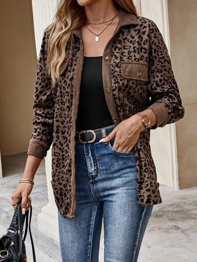 EMERY ROSE Women's Leopard Print Front Button Casual Long Sleeve Regular Jacket,Ladies Spring/Fall Casual Button Front,Pocket Drop Shoulder Collar Loose Multicolor Leopard Print,Textured Pattern Women Coats,Casual Daily Wear