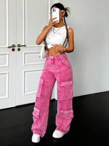 SHEIN PETITE Quần Jeans Ống Rộng Cotton Baggy Cho Nữ, Thiết Kế Gợi Cảm, Quần Cargo Cho Nữ, Quần Hồng Nóng, Quần Homecoming, Quần Jeans Baggy, Quần Jeans Nữ Baggy, Quần Jeans Cạp Thấp - Hồng - Xem 3