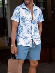 Manfinity RSRT Áo sơ mi nam tay ngắn in họa tiết cây Hawaii cài nút phía trước và quần short túi màu trơn trang phục thường ngày mùa hè, trang phục ấm áp - Màu xanh bụi bặm - Xem 3