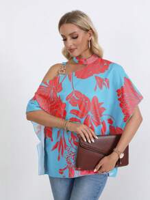 SHEIN LUNE 女裝花卉印花不對稱領口襯衫 - 藍色 - 查看 5