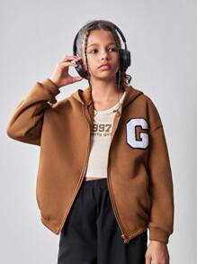 SHEIN Tween Girls' Loose Casual Letter Print Hoodie Jacket - Khaki - View 5