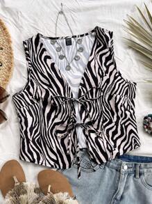 Soleia 休闲度假斑马纹系带无袖蓝白上衣 - 黑色 - 查看 1