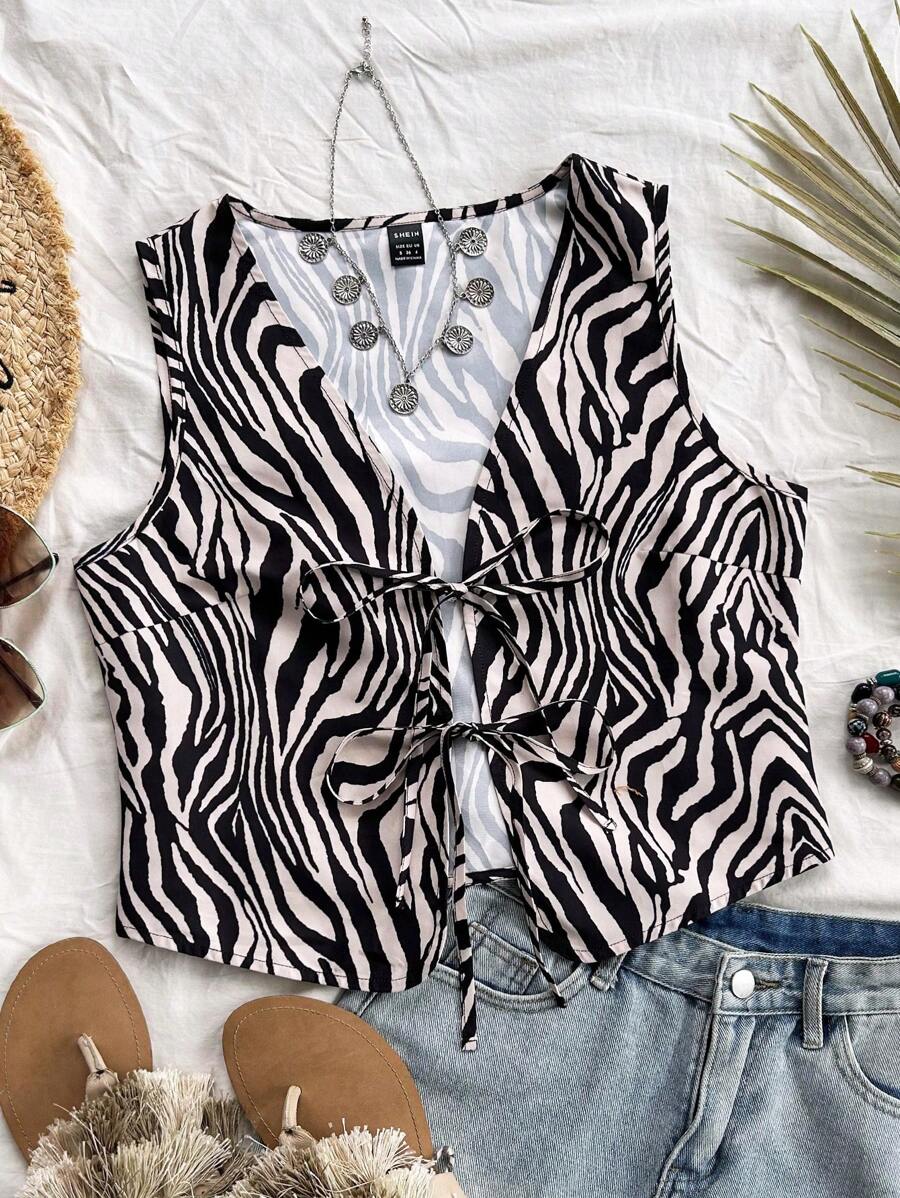 Soleia 休闲度假斑马纹系带无袖蓝白上衣 - 黑色 - 查看 1