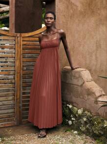 Maija Vestido Vermelho Tijolo Feminino, Roupa de Férias de Verão, Vestido de Praia Sólido Boêmio Moderno de Resort, Vestido Plissado Sem Mangas Minimalista