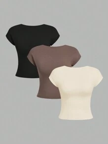 SHEIN Essnce 女士夏季休闲针织纯色短袖内置胸罩露背 T 恤夏季女士上衣机场装夏季 T 恤基本款 T 恤无胸罩 T 恤加垫胸杯 T 恤，3 件 - 杏色 - 查看 7