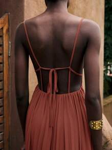 Maija Vestido Vermelho Tijolo Feminino, Roupa de Férias de Verão, Vestido de Praia Sólido Boêmio Moderno de Resort, Vestido Plissado Sem Mangas Minimalista