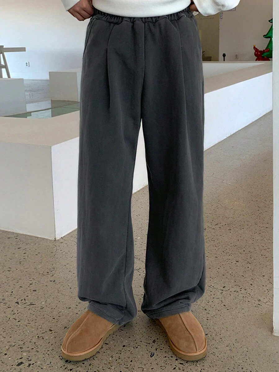 DAZY 男士纯色褶皱阔腿休闲运动裤，带保暖衬里，秋冬男士慢跑裤 - 灰色 - 查看 1