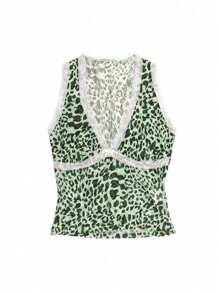 INAWLY Women Leopard Print Lace Contrast V-Neck Casual Tank Top - Green - View 3