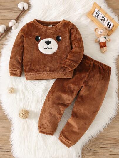 SHEIN Conjunto de pijama de 2 piezas con diseño de bordado de dibujos animados lindo para niño pequeño, para otoño e invierno