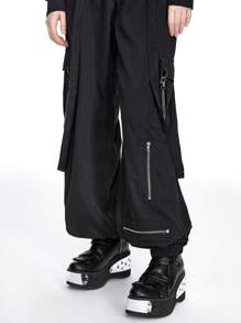 ROMWE Grunge Punk Quần Cargo thường ngày có dây đeo có thể tháo rời, túi khóa kéo bằng kim loại - màu đen - Xem 2