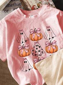 SHEIN Bộ 3 áo thun rộng rãi in hình ma và bí ngô hoạt hình dễ thương dành cho bé gái dự tiệc Halloween mùa hè và mùa thu. - Nhiều màu - Xem 5