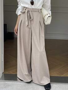 DAZY Solid Color Loose Wide Leg Pants With Pockets And Belt For Women Business Attire - Apricot - View 8
