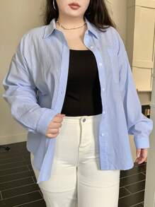 Dazy Plus 大码休闲条纹宽松 Polo 领衬衫 - 藍色 - 查看 3