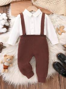 Baby Jungen Strick Hosen, warm & bequem, geeignet für Herbst/Winter Saison, Overall Design, stilvoll & lässig für Zuhause, Alltagstragen & Unterwegs - Braun - Übersicht 1