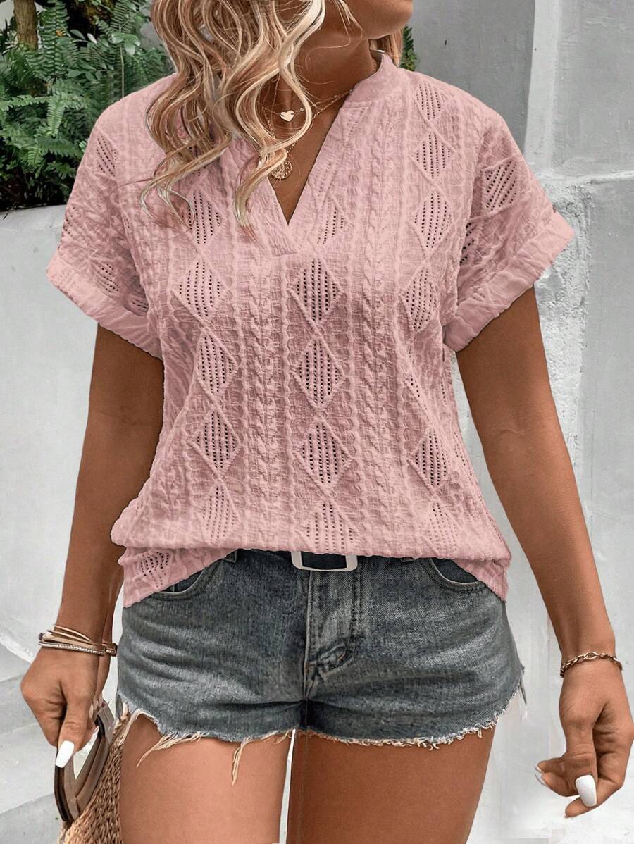 EMERY ROSE Plus Size Casual Diamond Jacquard V-Neck Short Sleeve T-Shirt, Summer - Pink - View 1