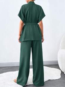 SHEIN Tall 女款純色短袖上衣與長褲兩件套，附腰帶，適合高個女性 - 墨綠色 - 查看 2