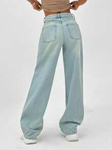 EURMUSE 100% Cotton HIGH RISE WIDELEG CUT ASYMMETRIC BELT WOMEN JEAN - Light Wash - View 2