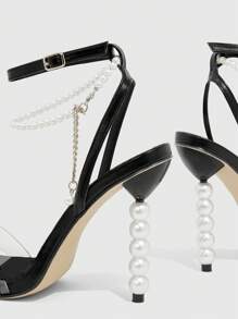 CUCCOO SZL 女士鞋仿珍珠装饰雕塑高跟踝带凉鞋，时尚夏季高跟凉鞋，适合春夏季度假鞋夏季性感派对坏人潮流别致华丽风格万圣节情人节 - 黑色 - 查看 3