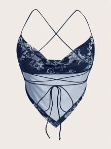 SHEIN ICON Chinese Dragon Graphic Criss Cross Backless Bandana Hem Cami Top - Blue - View 2
