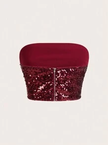 SHEIN ICON 银色亮片短款抹胸 - 酒紅色 - 查看 2