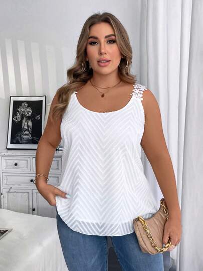 Vionelle Plus Size Women Solid Color Lace Tank Top, Summer
