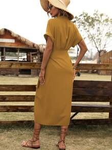 SHEIN LUNE Solid Color Collar Twist Cross Wrap Short Sleeve Dress, Summer