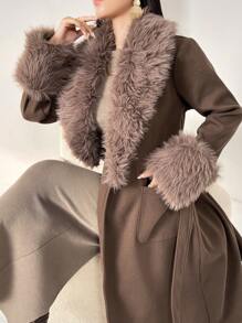Modelyn Women's Solid Color Fluffy Patchwork Winter Knitted Blend Coat Fall Cloth For Women - Chocolate Brown - View 8