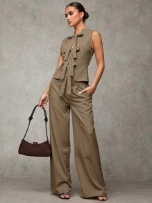 SHEIN BAE Women Solid Color Tie Strap Sleeveless Blouse - Brown - View 4