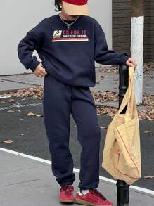 DAZY 2 件套 Tween Girl 针织字母印花运动衫套装，秋季 - 藏蓝色 - 查看 2