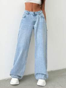 RueChic Women Rigid Belt Detailed Wide Leg Baggy Jeans - Medium Wash - View 9